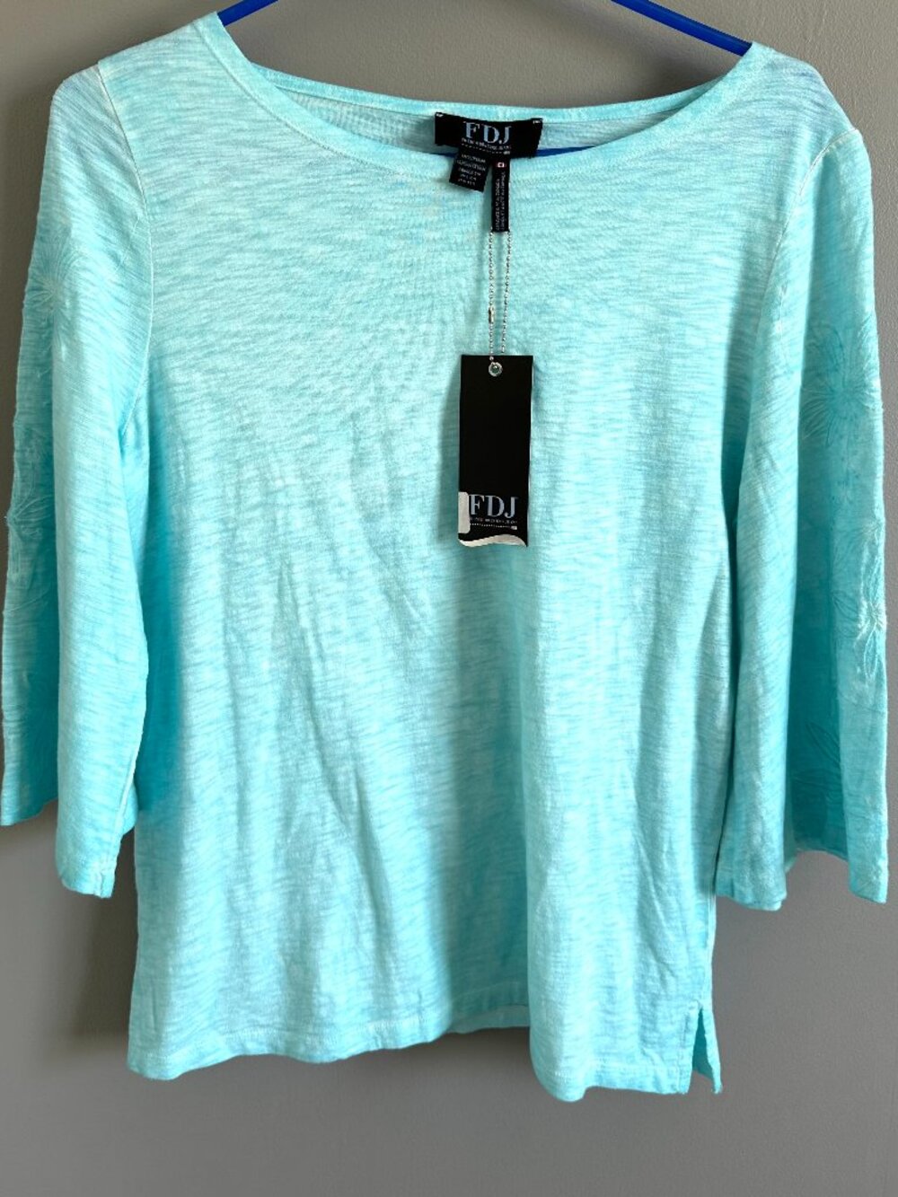 FDJ Turquoise Top with 3/4 Embroidered Bell Sleeves Women's S NWT